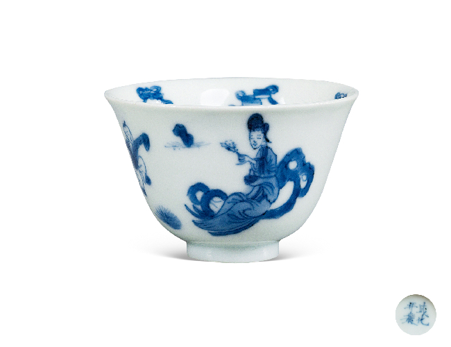 清康熙 青花课子图茶圆