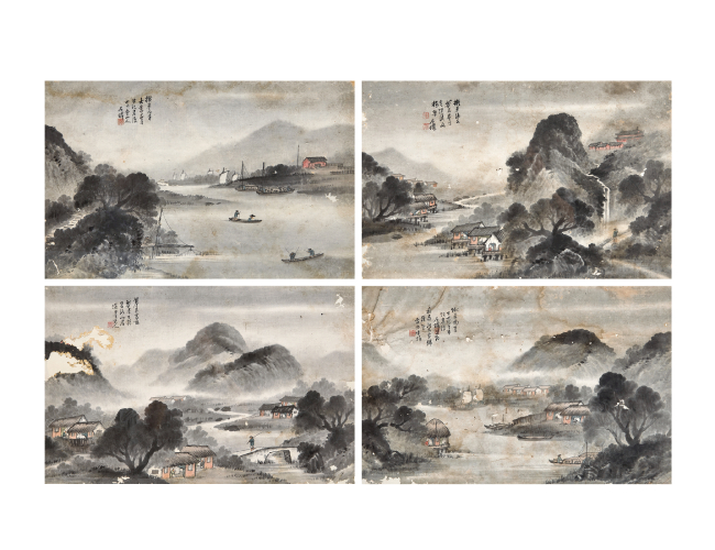 吴石仙  风景四屏