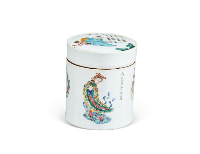 清同治  粉彩无双谱盖罐